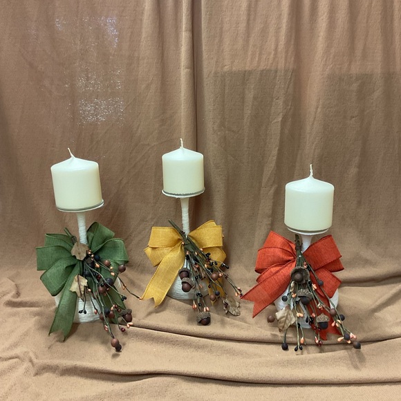 Decorative Candle Holders with Bows - Green, Yellow, and Orange. Great for fall - Picture 1 of 4
